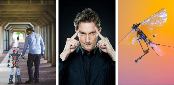 מימין לשמאל: חרק רובוטי, ליאור סושרד, ד"ר גורן גורדון והרובוט גו'רג'